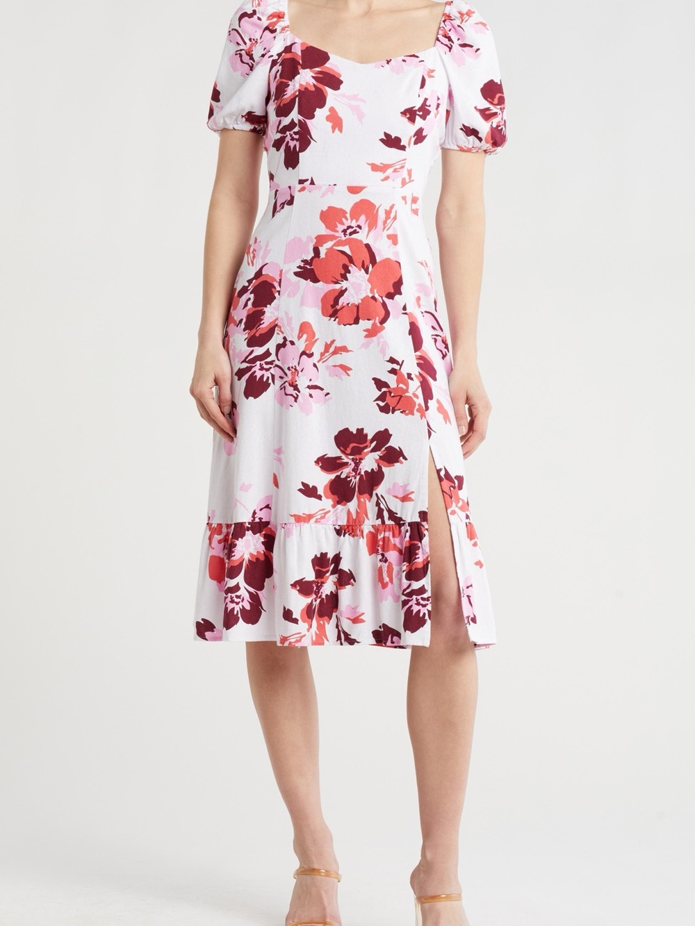 Ellen Tracy Floral Linen Blend Smocked Midi Dress White Pink Puff Sleeve L